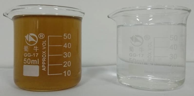 Appearance of raw water (left) and treated effluent (right) Appearance of raw water (left) and treated effluent (right)