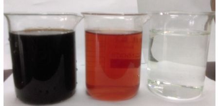 Raw water (left), pre treated (middle), treated effluent (right)